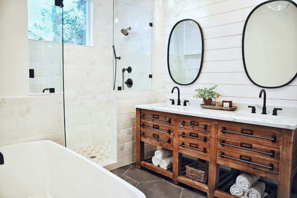 Modern bathroom with wooden vanity